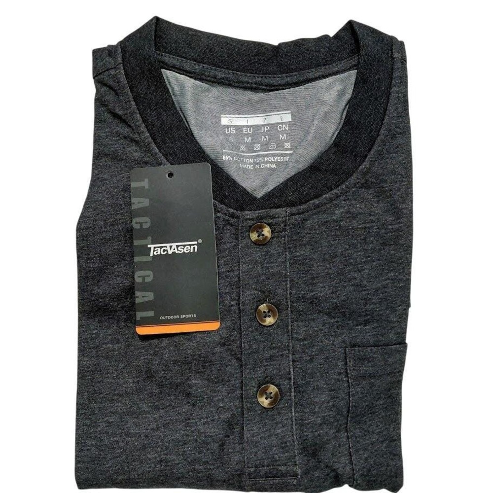 Tacvasen Men's Dark Gray Long Sleeve Henley Pocket T-Shirt Outdoor Sports Size S